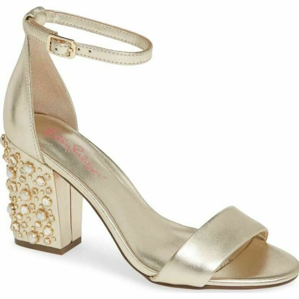 Lilly Pulitzer Amber Lynn Sandal Pearl and Crystal Embellished 7.5 Gold Metallic